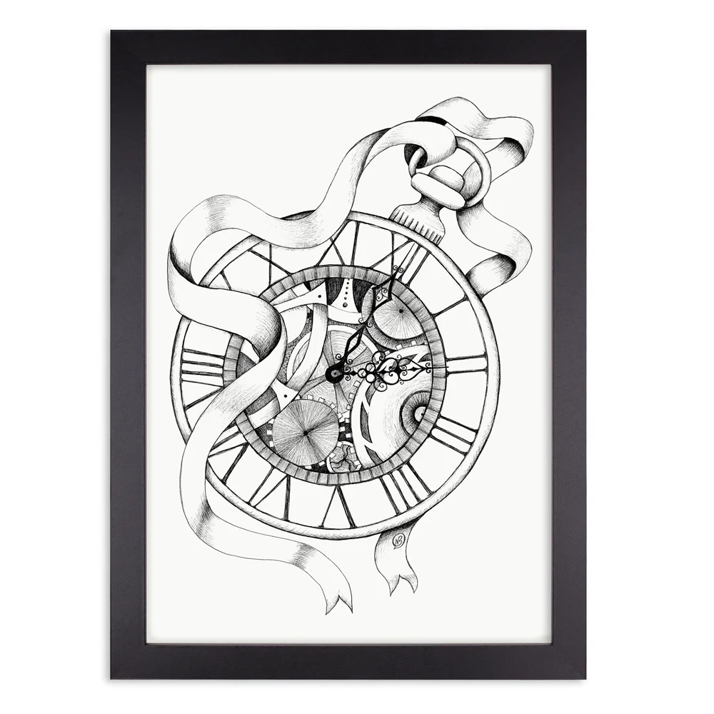 Time and watch black and white wall art print in black frame