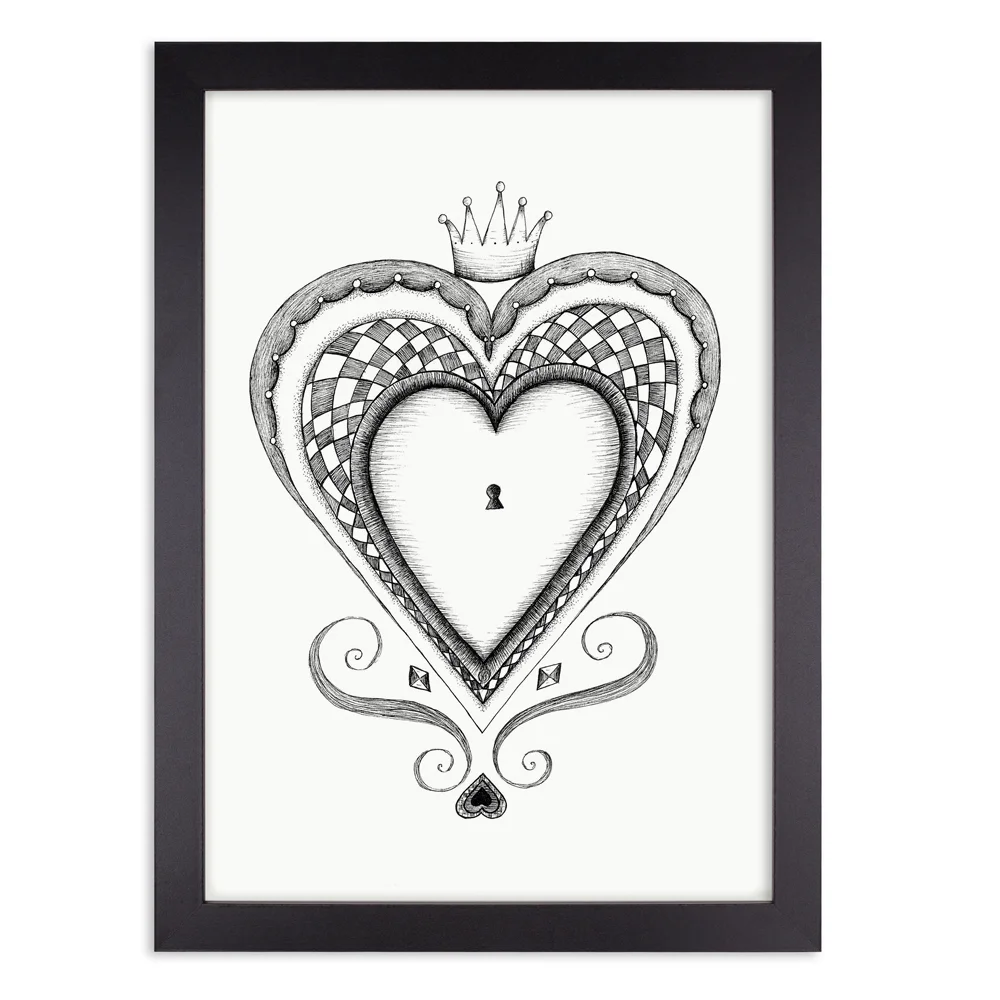 Heart black and white wall art print in black frame