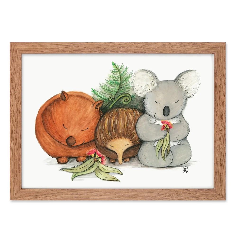 Australian native animal babies wall art print in wooden frame
