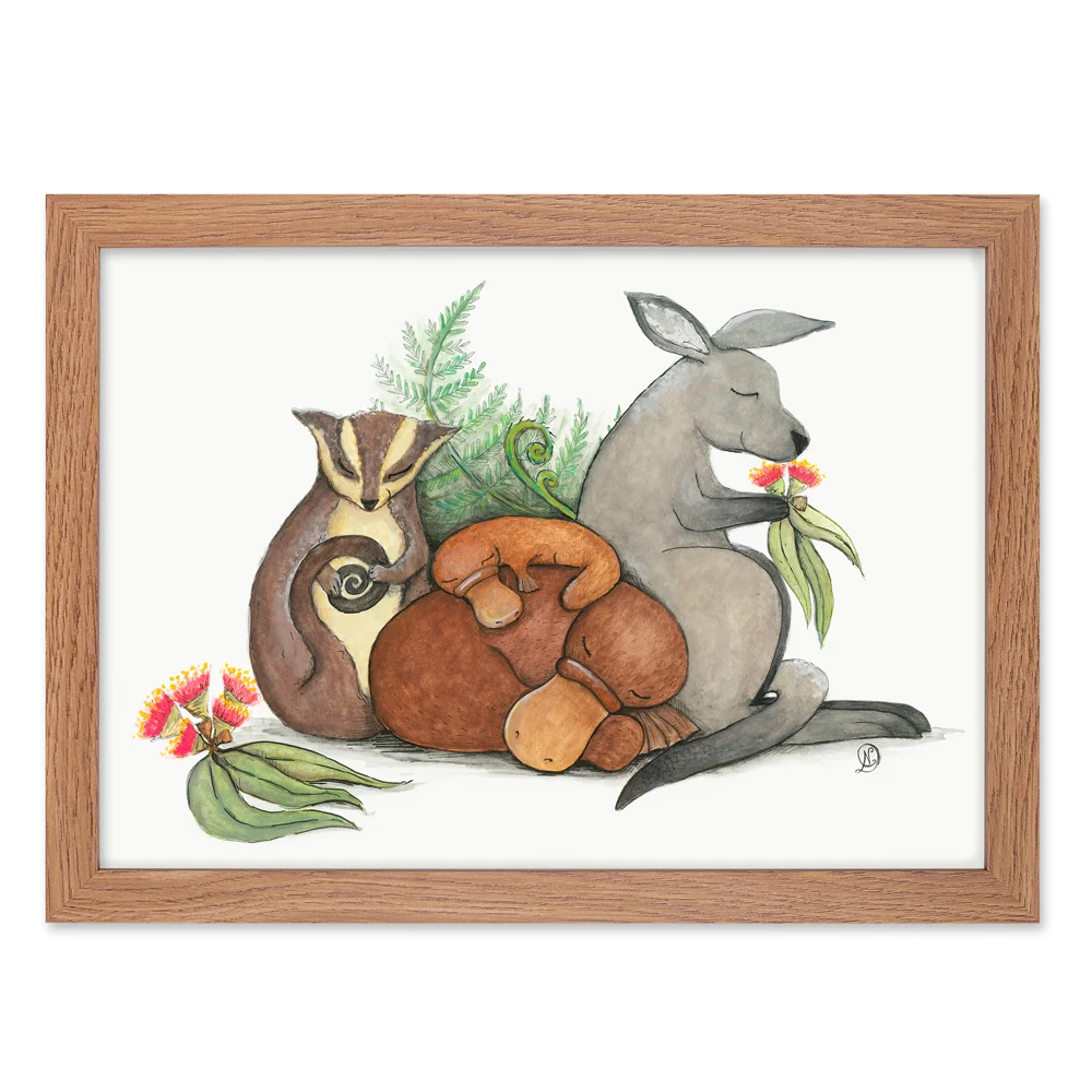 Native Australian babies print in wooden frame – With Kangaroo, sugar glider and platypus