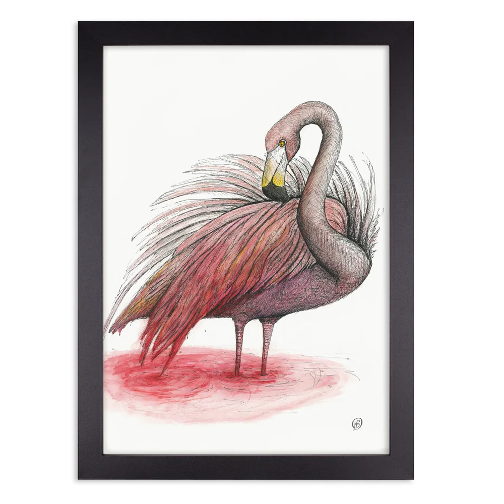 Fading flamingo animal wall art print in black frame