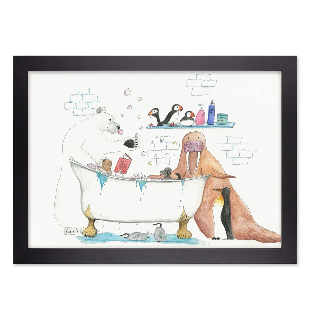 Bath time childrens wall art print in black frame