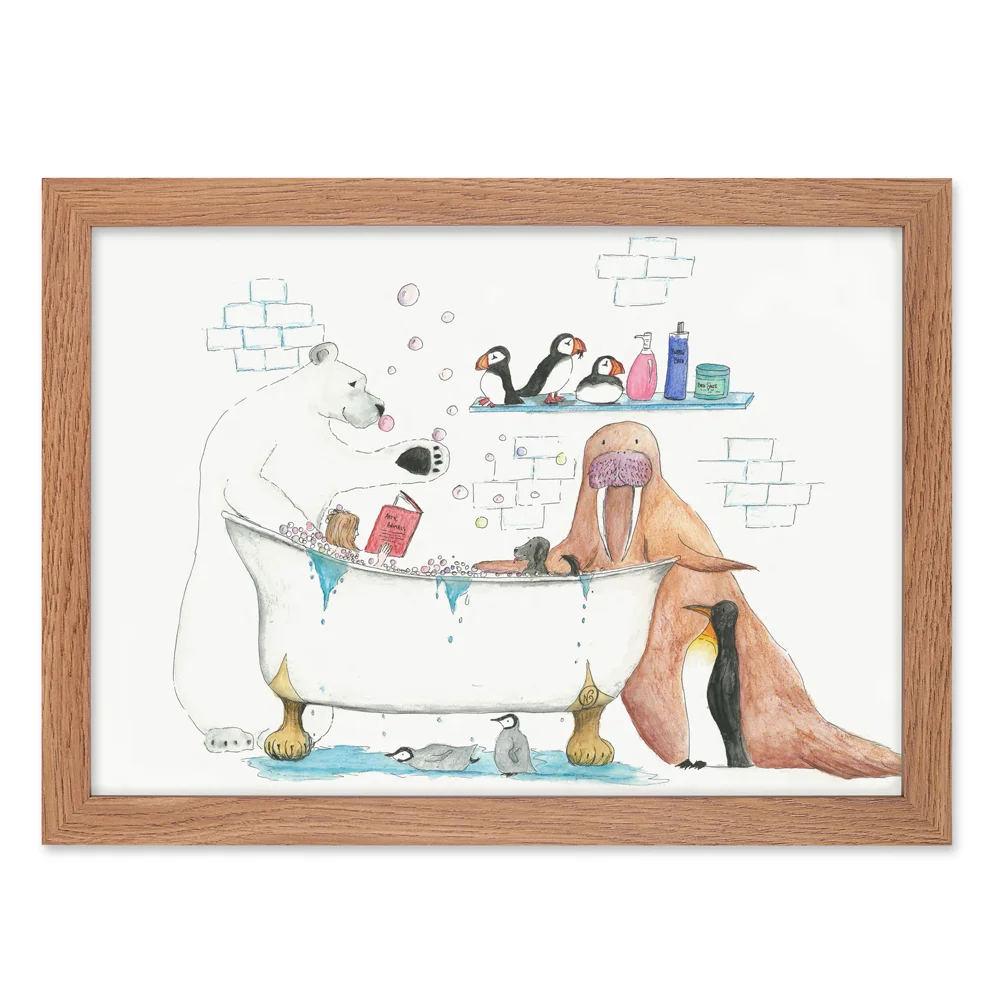Bath time childrens wall art print in wooden frame