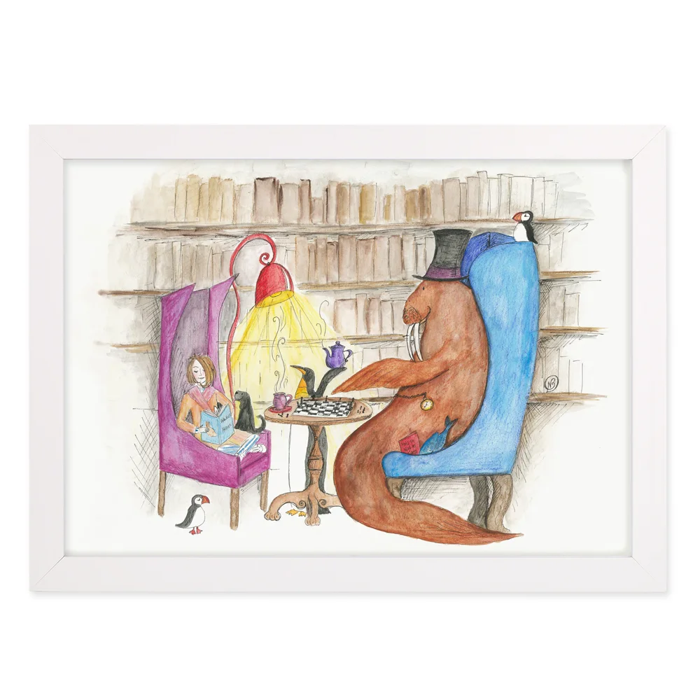 A very different sort of chess game nursery wall art print in white frame