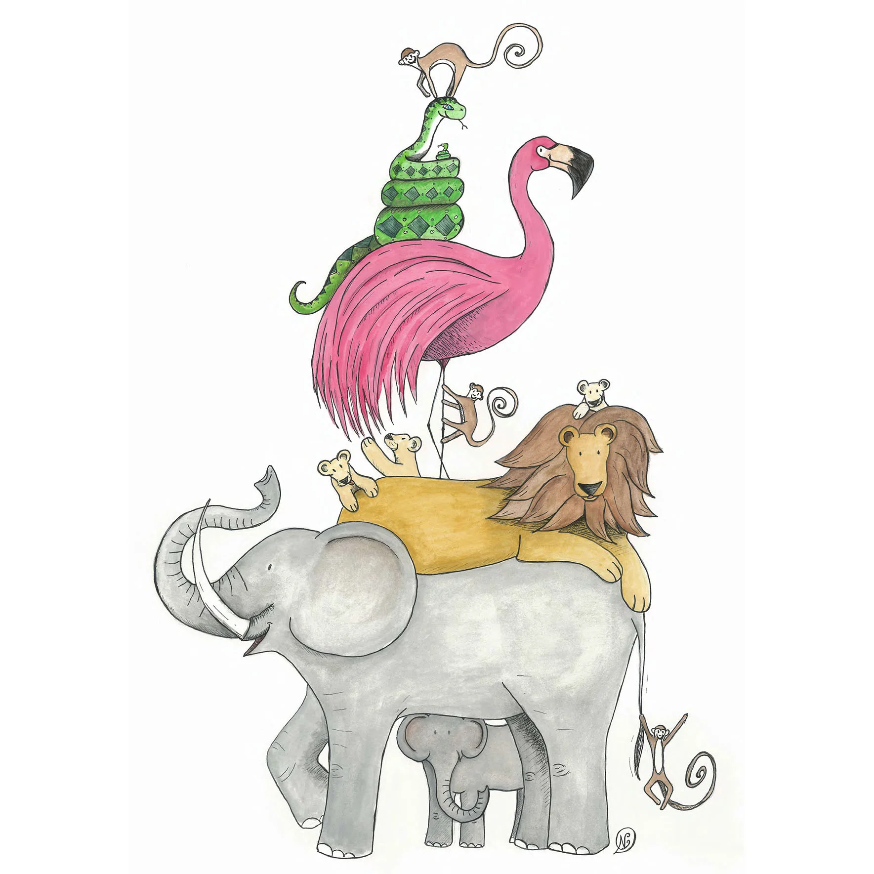 Stack of animals nursery wall art print (Elephant, lion, monkeys, flamingo, snake and cubs)