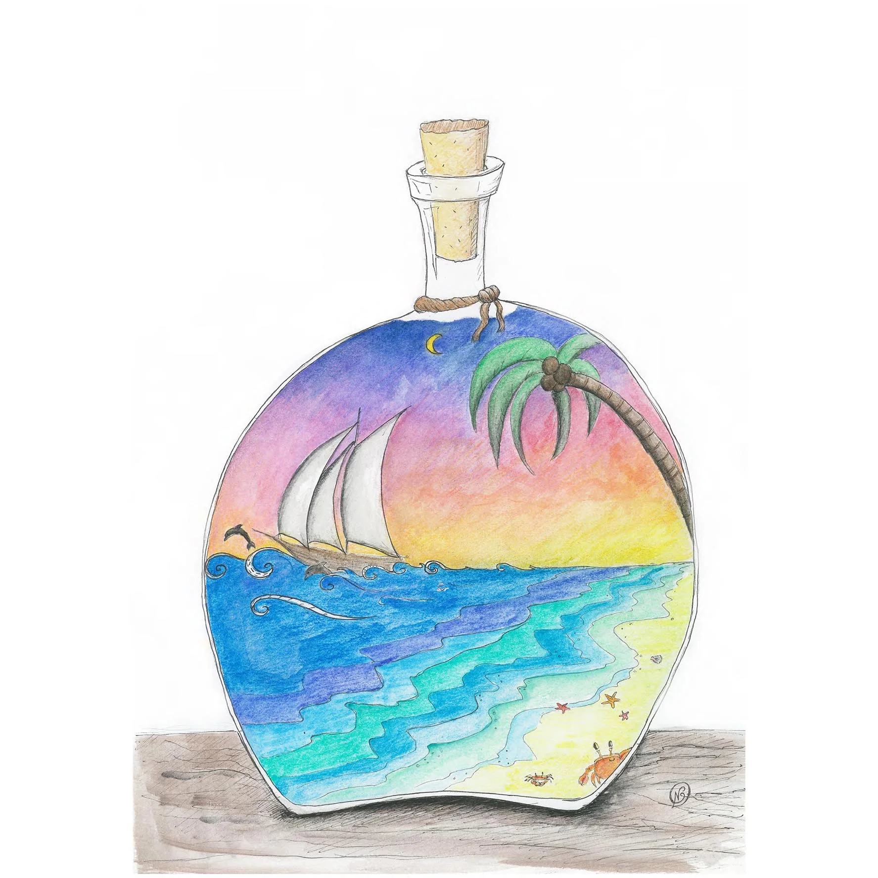 Sunset and sails in a bottle wall art print