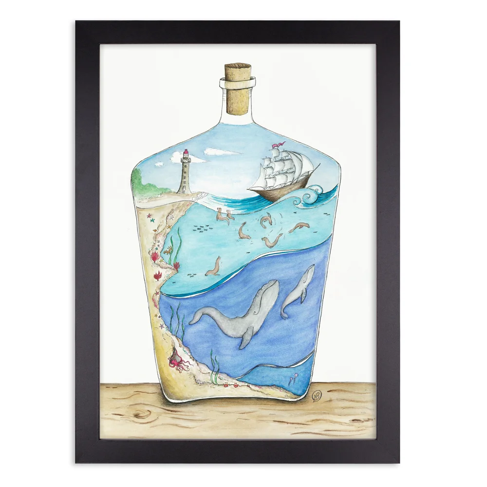 Seal bay in a bottle with underwater scene wall art print in black frame