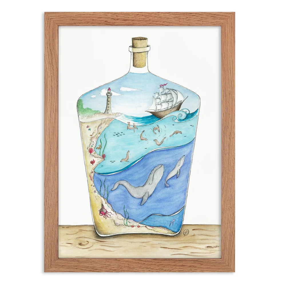 Seal bay in a bottle with underwater scene wall art print in wooden frame
