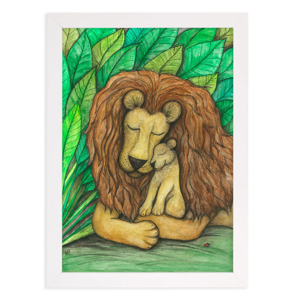 Lion and cub nursery wall art print in white frame