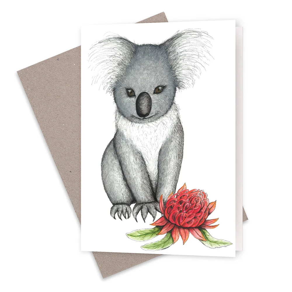 Young Koala with Waratah Australian native wall art print with recycled envelope