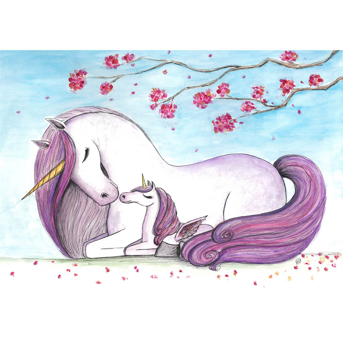 Unicorn mother and foal under cherry blossom nursery wall art print