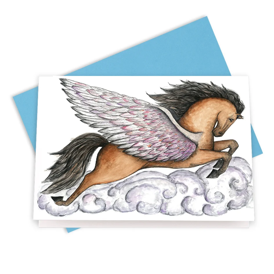 Flying horse greeting card with blue envelope
