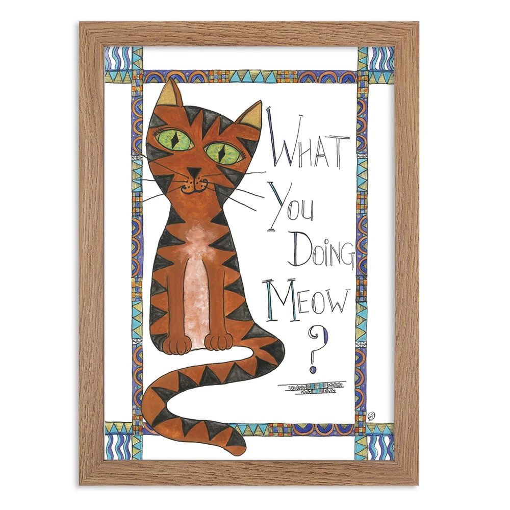 Cat - What you doing meow wall art print in wooden frame