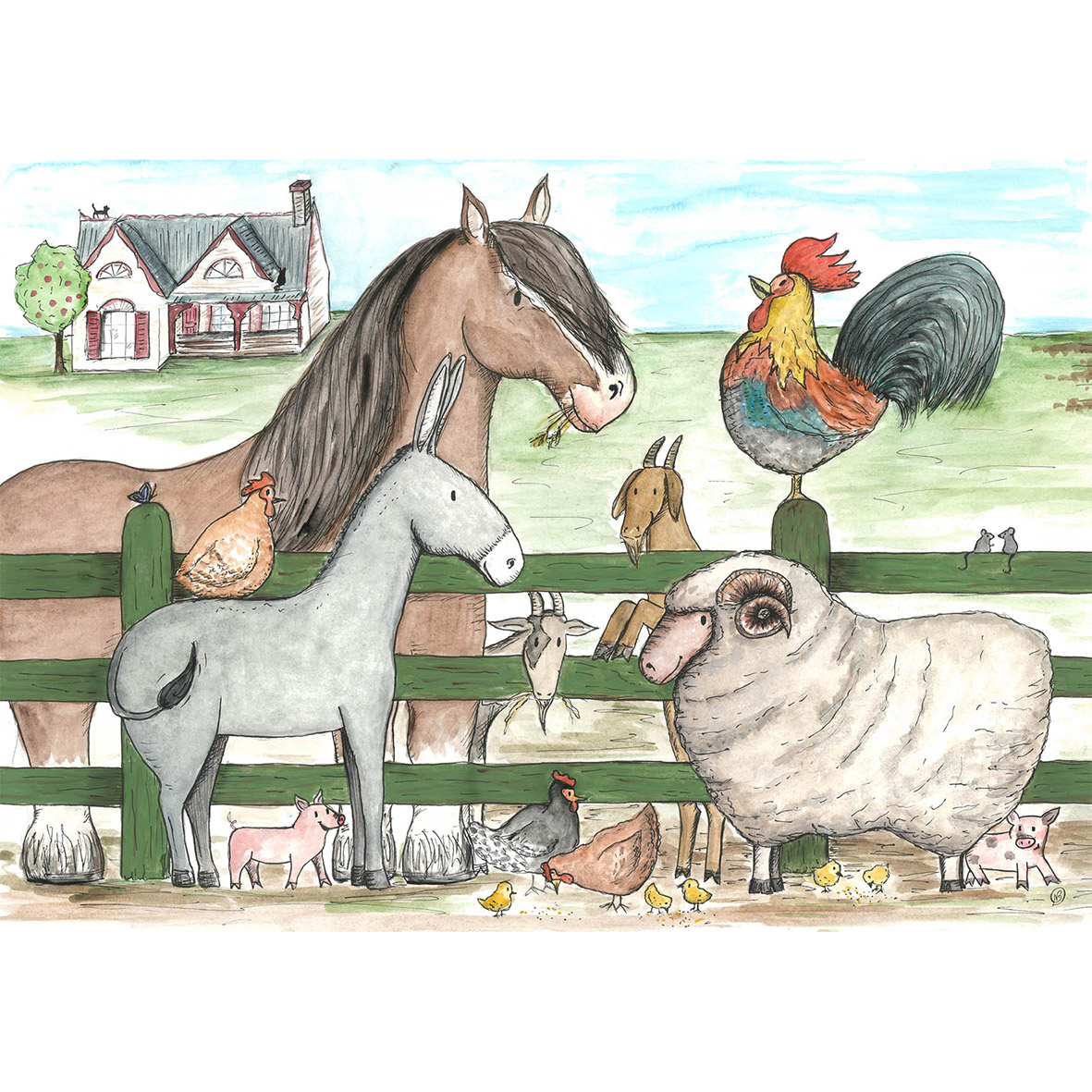 Farm yard animals with house decor wall art print