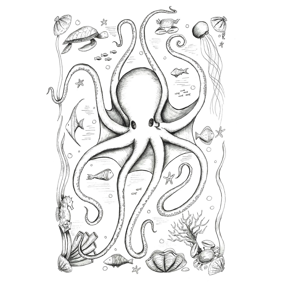Octopus and sea creatures wall art black and white print