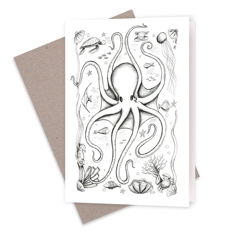 Octopus and sea creatures greeting card with recycled envelope