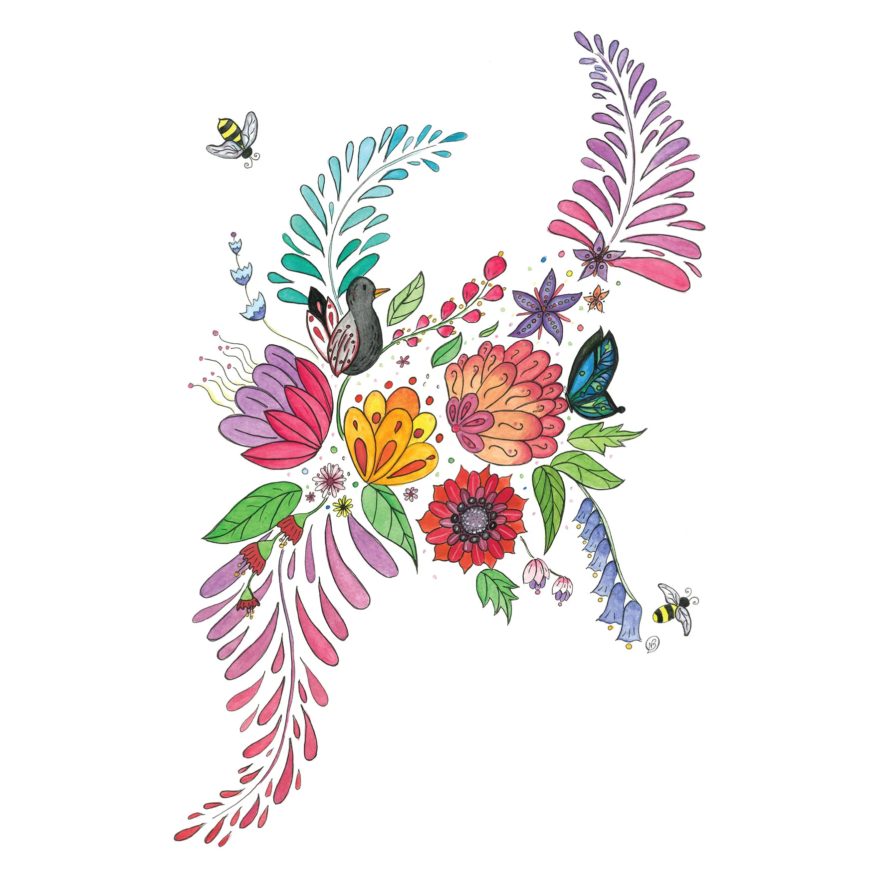 Floral with bird, bees and butterfly art print