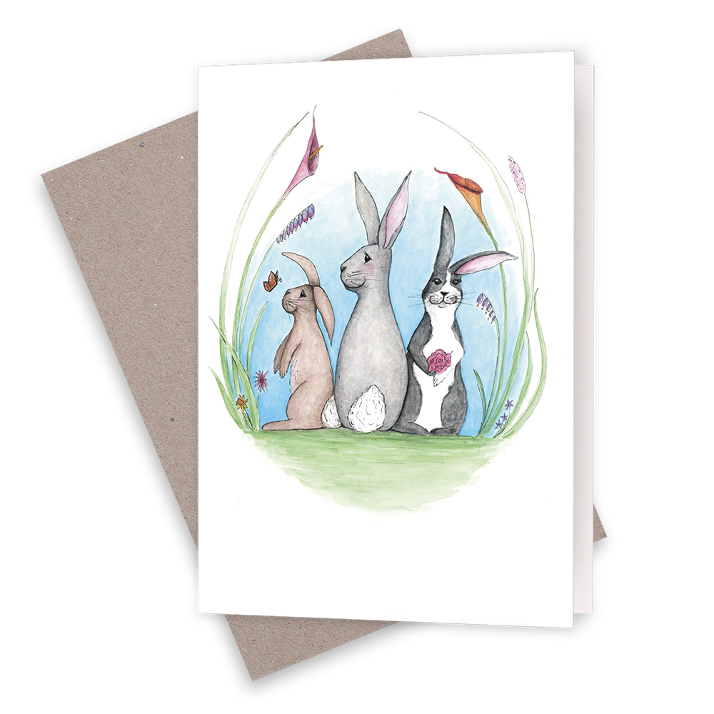 Rabbits in the garden card with natural recycled envelope