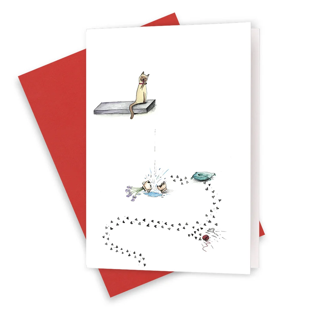 The Mischievous Kitty greeting card with red coloured envelope
