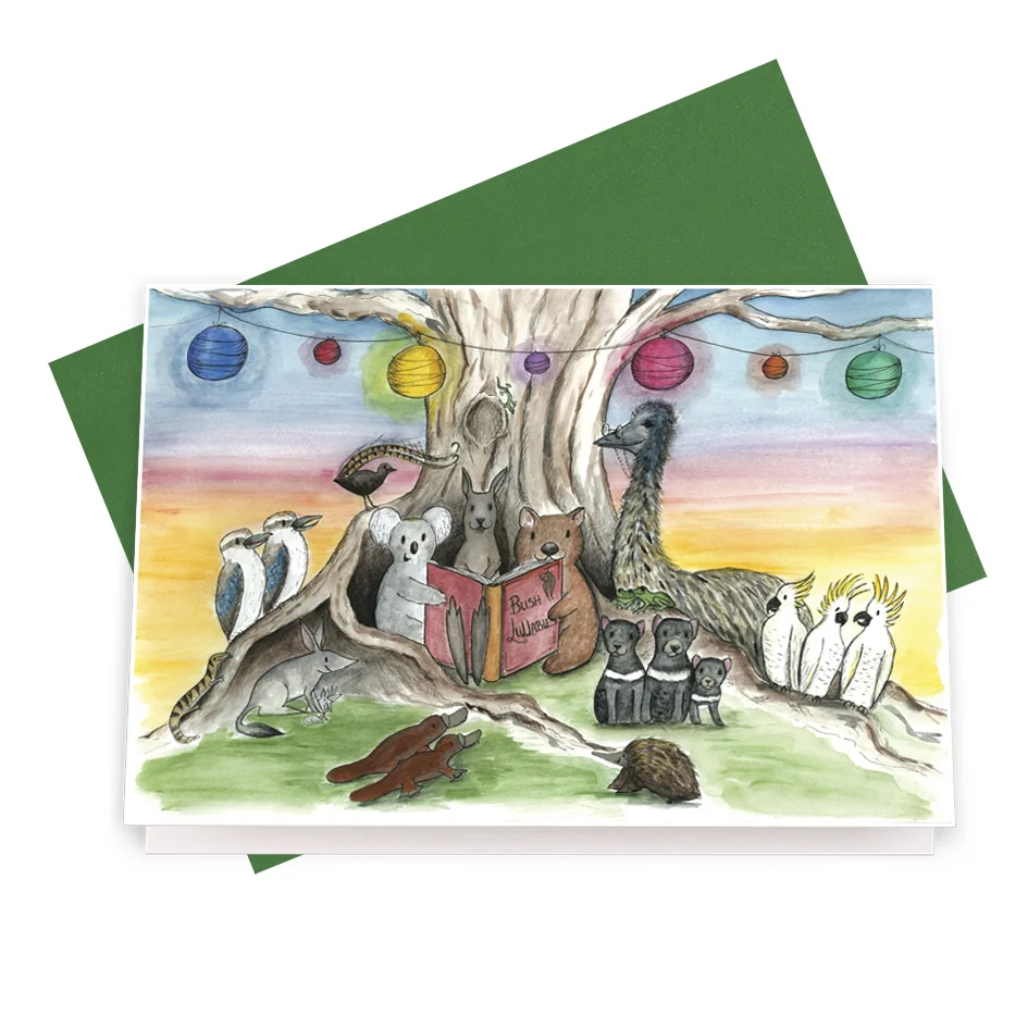 Bush lullabies with Australian native animals greeting card with green coloured envelope