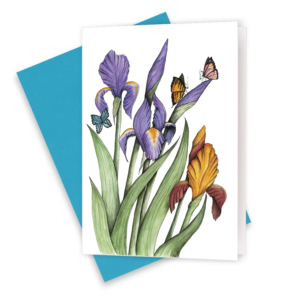 Flower & bug series, irises and butterflies greeting card with blue coloured envelope