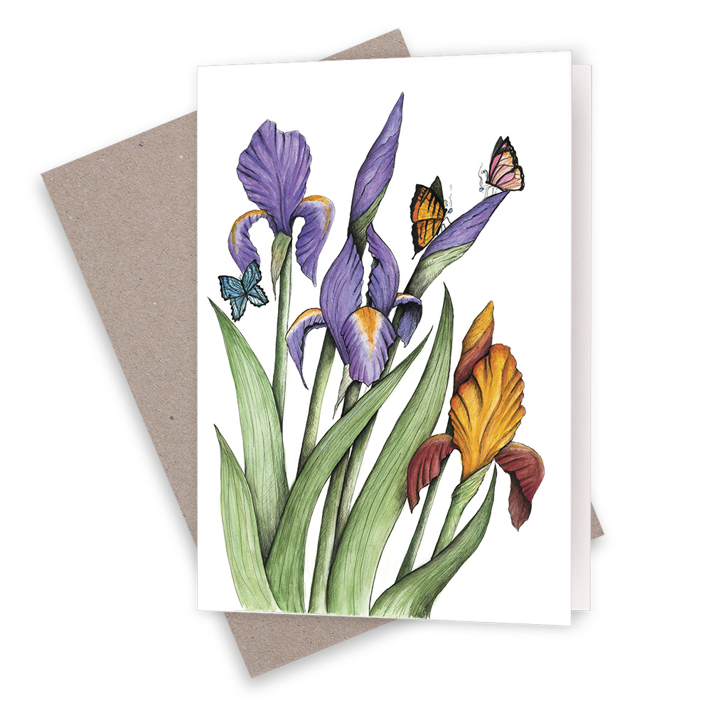 Flower & bug series, irises and butterflies greeting card with natural recycled envelope