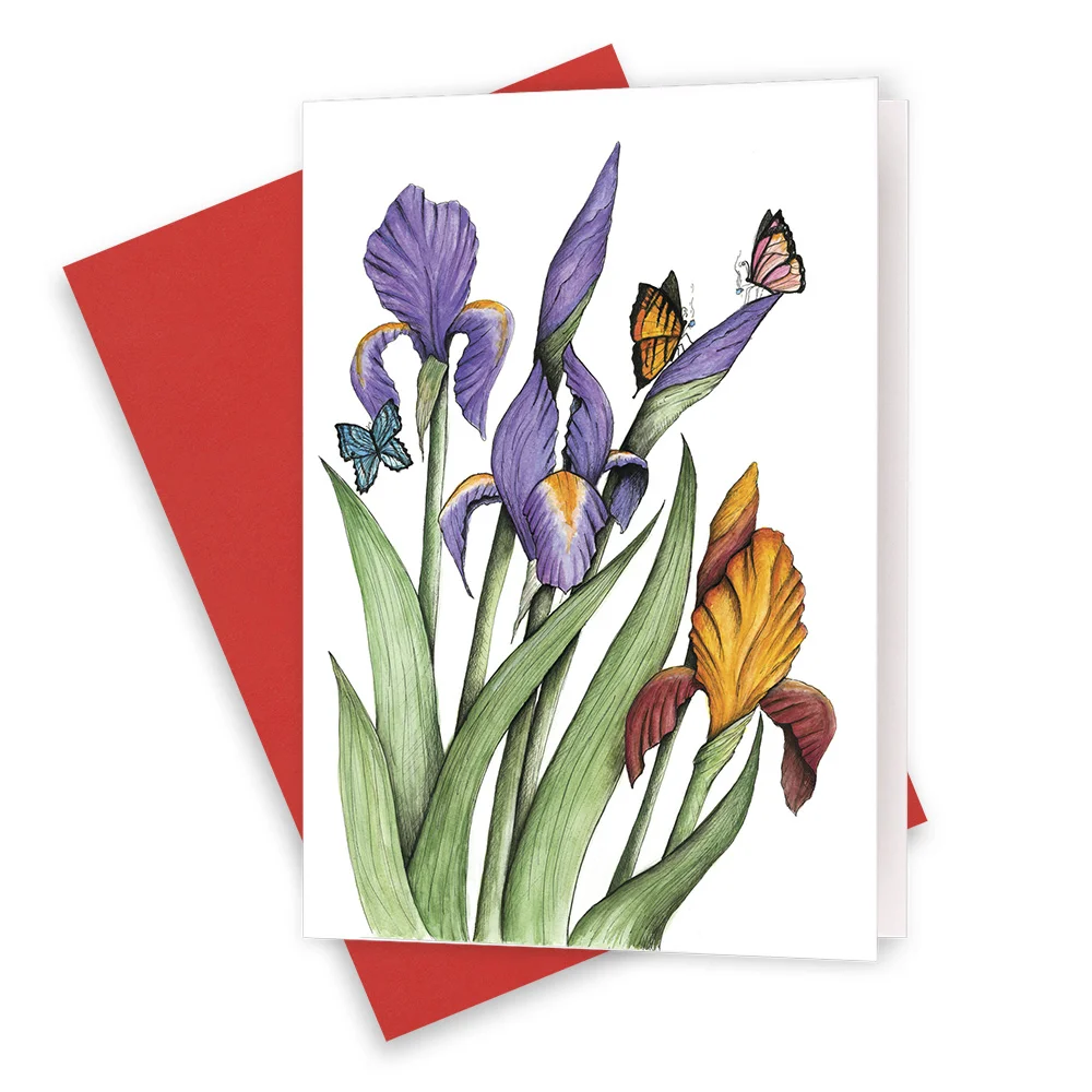 Flower & bug series, irises and butterflies greeting card with red coloured envelope