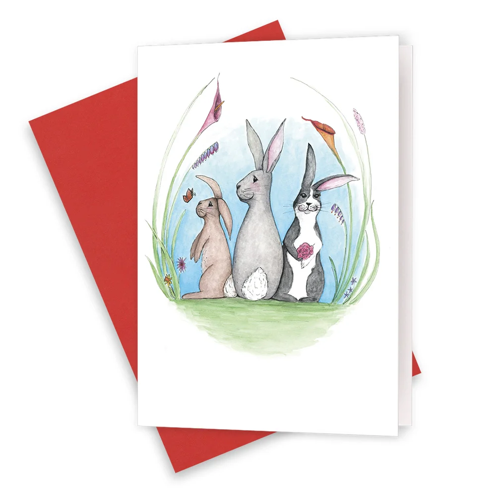 Rabbits in the garden card with red coloured envelope