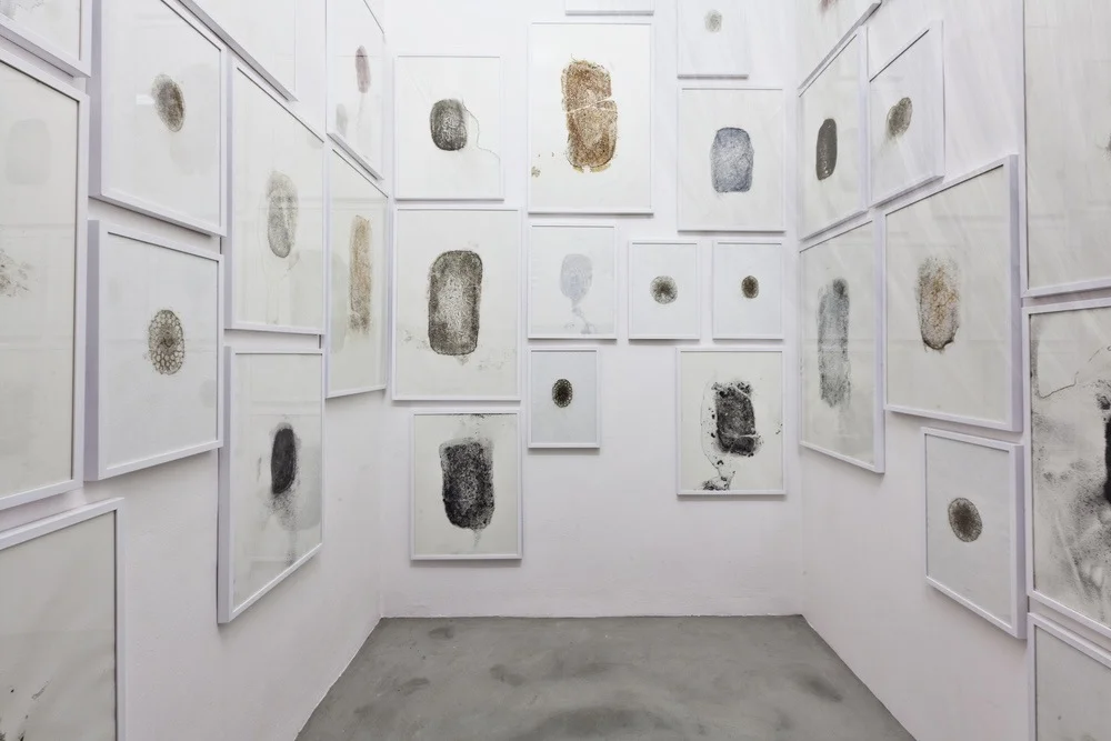 Moules (Water Prints) , Hélène Thensiau , and Lima Drib , 2015 ( river water, various metals on paper ), installation view, Galleria Continua, San Gimignano / Beijing / Les Moulins / Habana. Photo by: Ela Bialkowska.