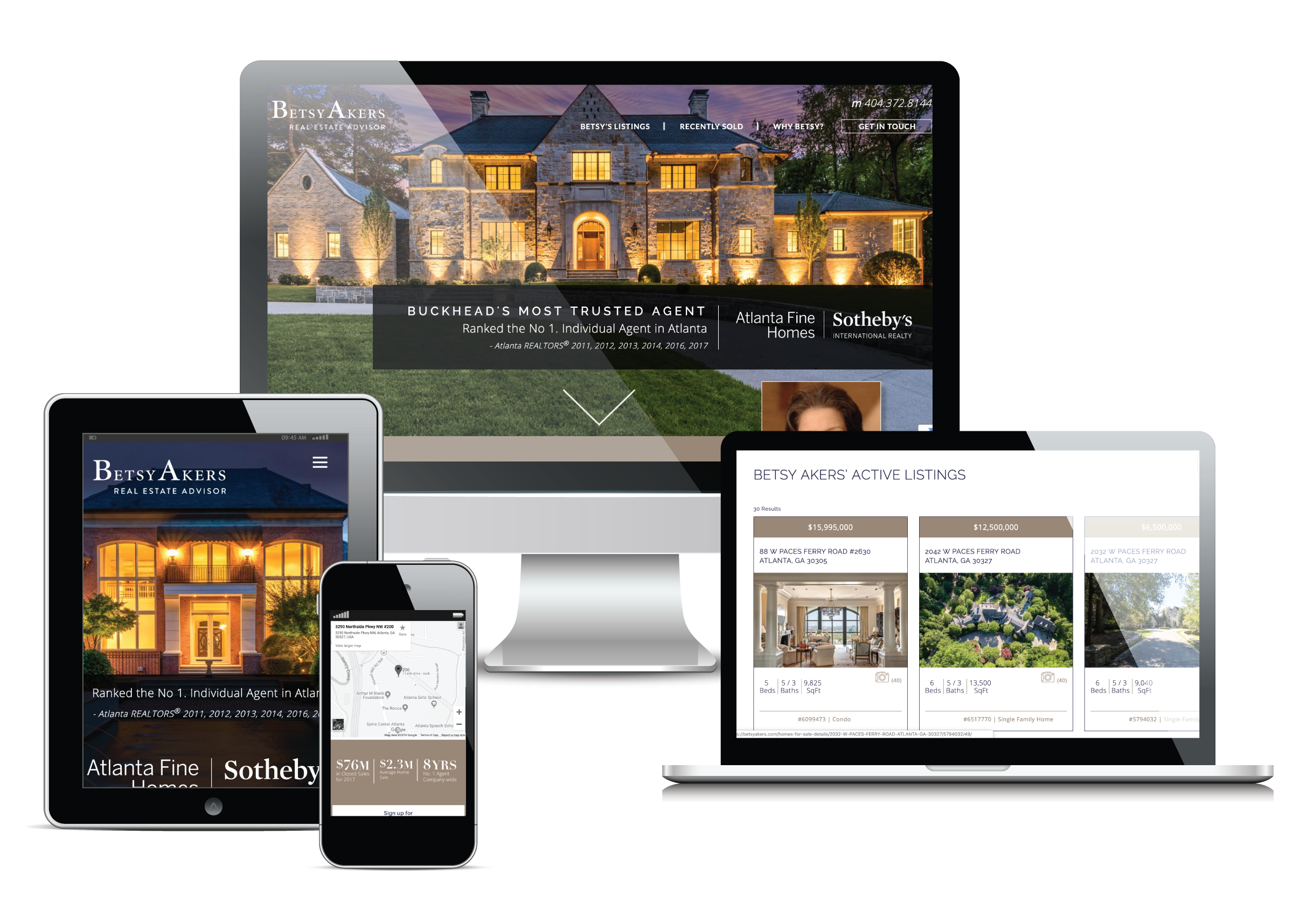Seen here are screen shots of BetsyAkers.com, a responsive Wordpress site that auto pulls FMLS data for Akers’ listed and sold properties.