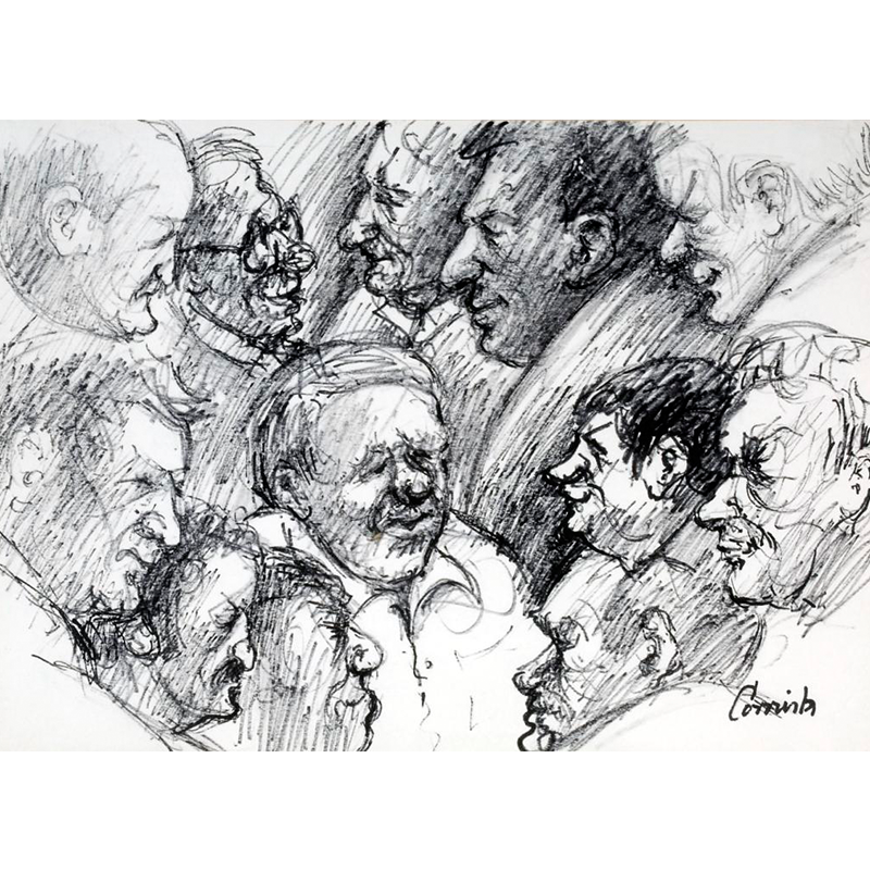 NORMAN CORNISH MBE (1919 - 2014) Twelve Heads, Spennymoor Bowling Club on view at Jesmond Dene House Flo-master pen on paper, 42 x 49cm £3,400 Framed ENQUIRE