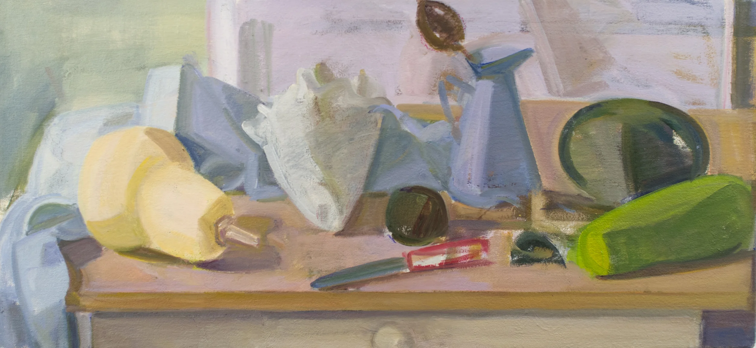 Butternut and Cabocha Squash with Bitter Gourd and Shell, oil on canvas, 13"x28"