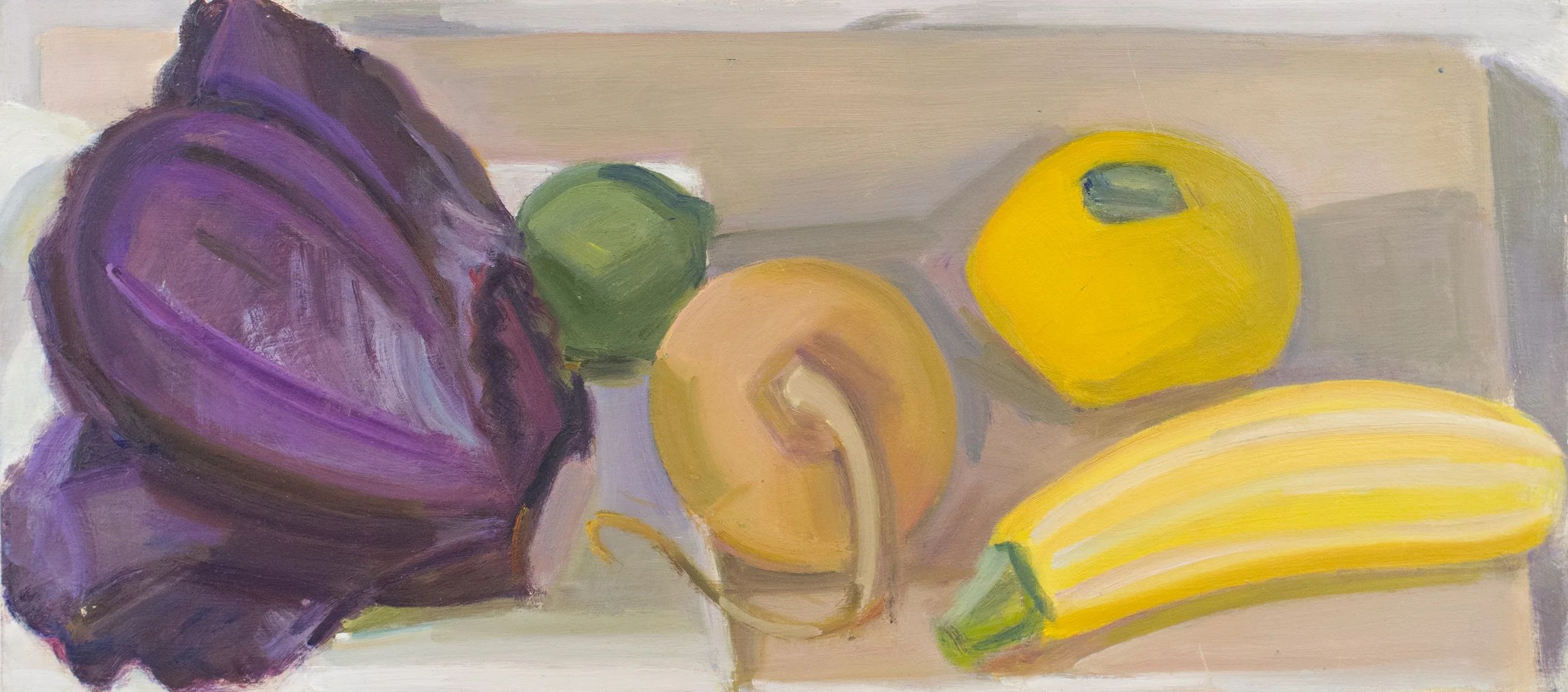 Red Cabbage w/Lime and Pattypan and Striped Squash surrounding Onion, oil on panel, 10"x16"