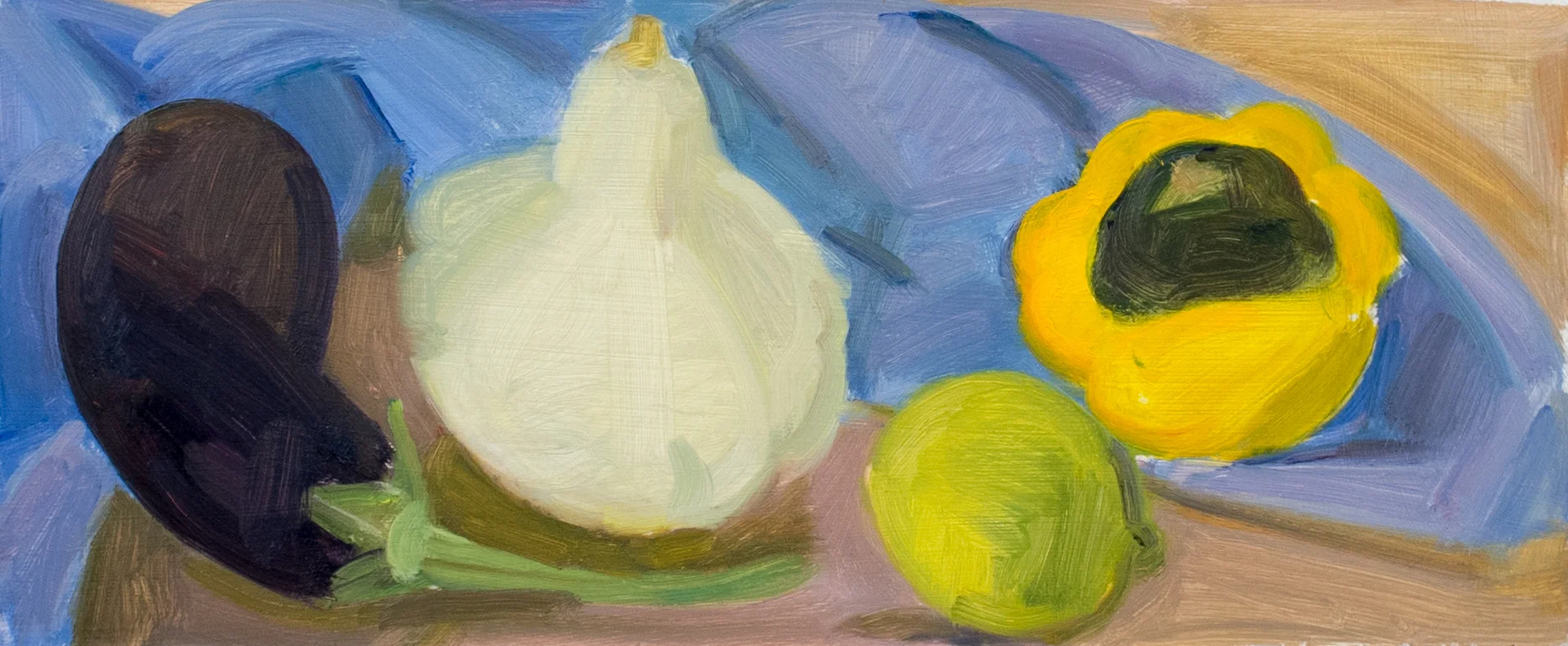 Eggplant, Squash and Lime, oil on panel, 5" x 12"