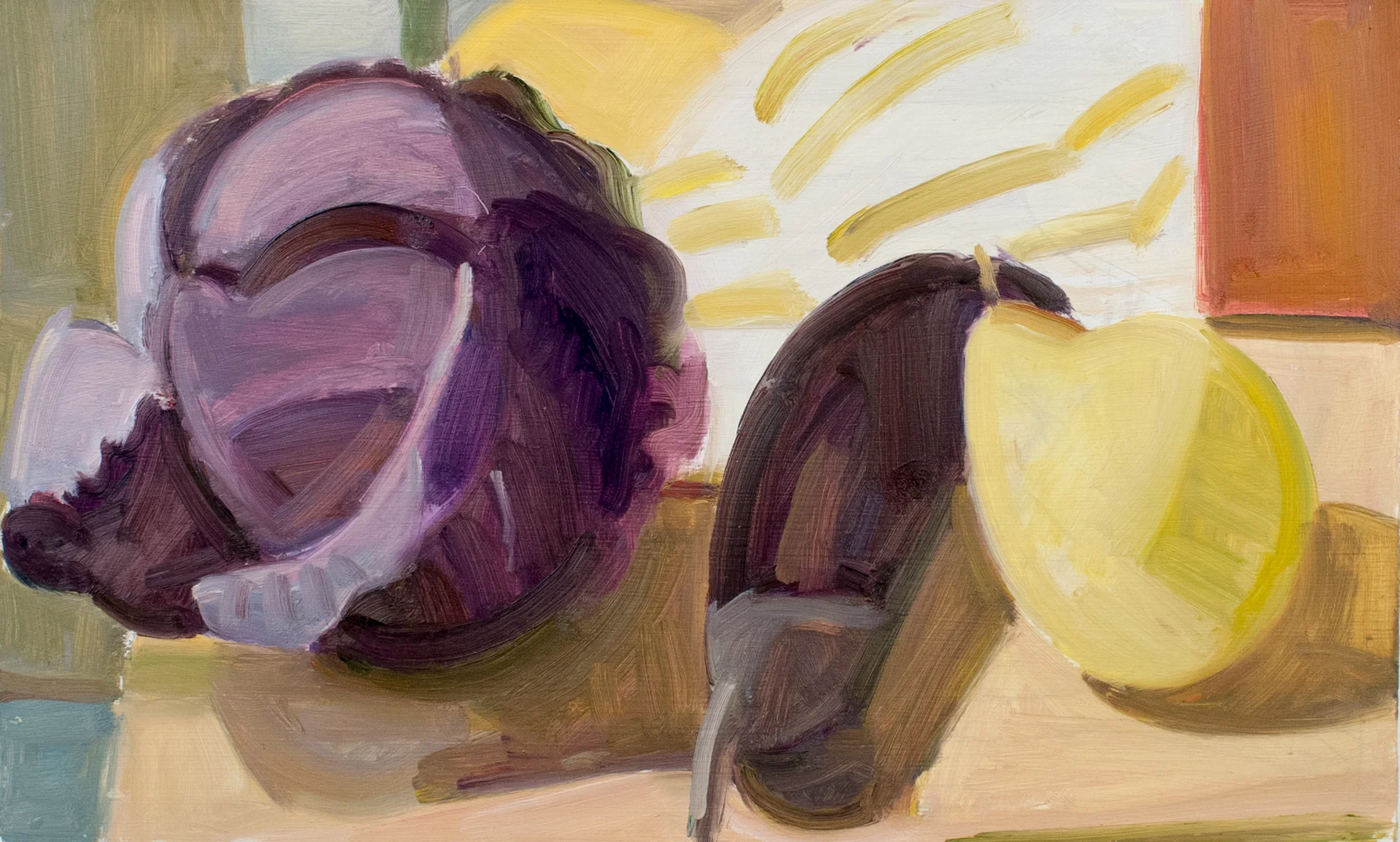 Red Cabbage, Chinese Apple and Red Box, oil on panel, 8" x 13"