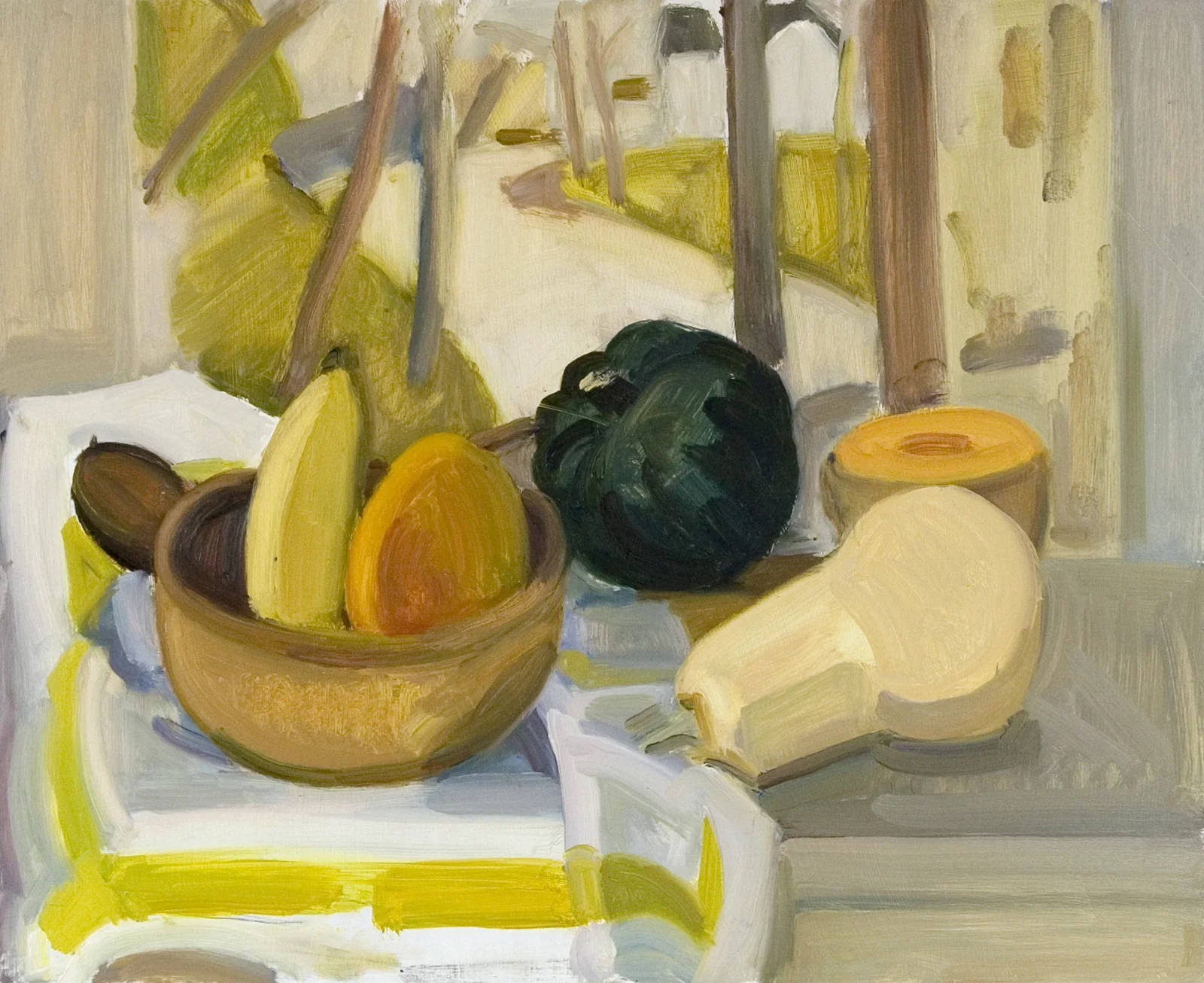 Summer Still Life with Lois Landscape, oil on panel, 13"x16"
