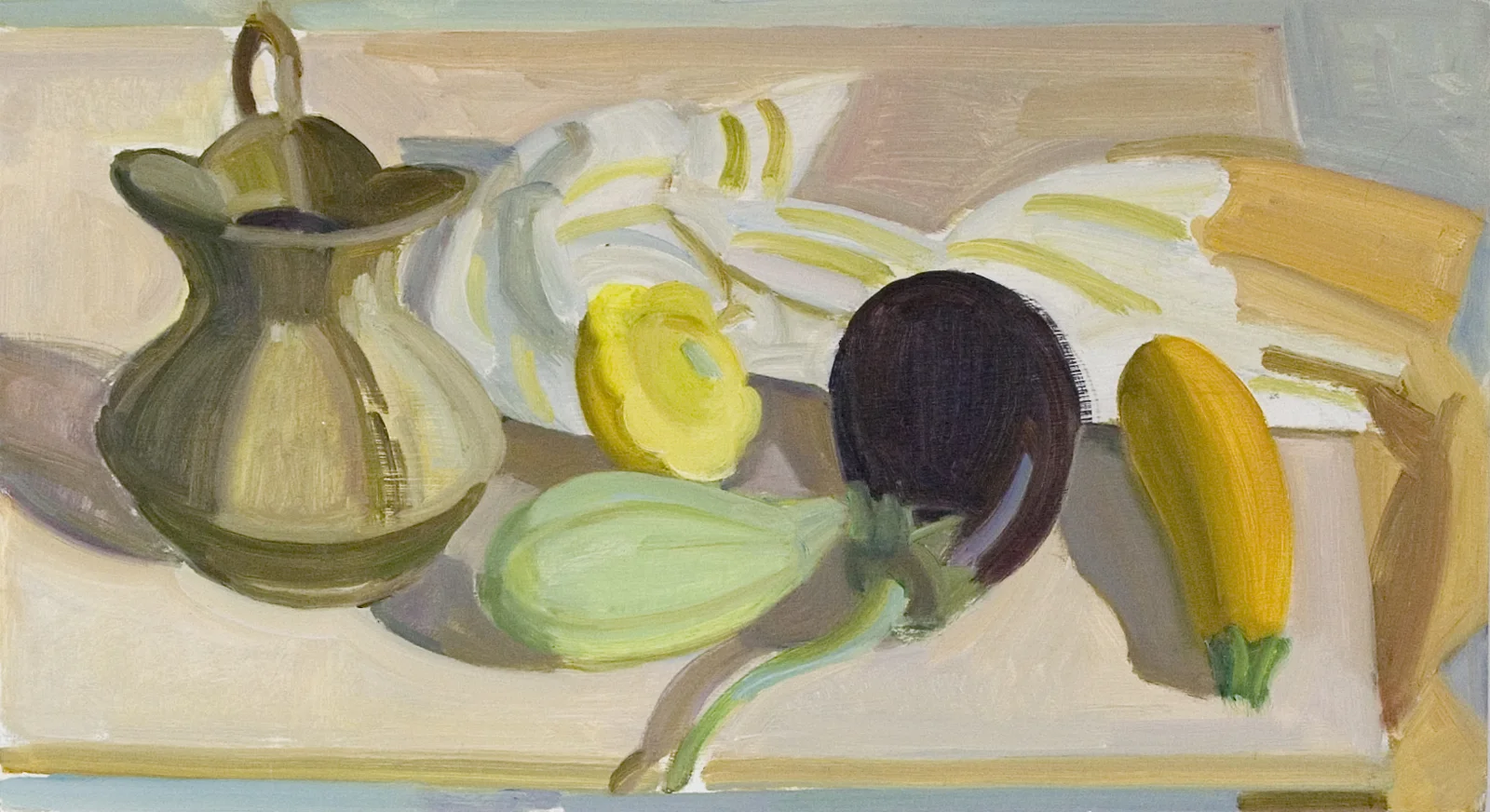 Brass Pitcher, Pattypan, Yellow Squash with Eggplant, oil on panel, 10" x 18"