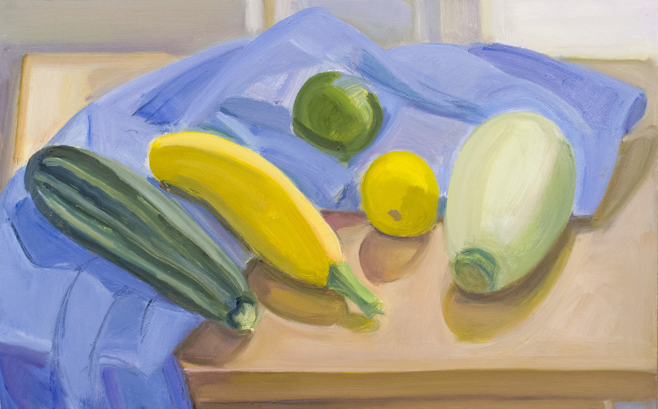   Blue Pillow Case with Squash, Lemon and Lime , 2016, oil on panel, 10” x 16”  (Private collection)  