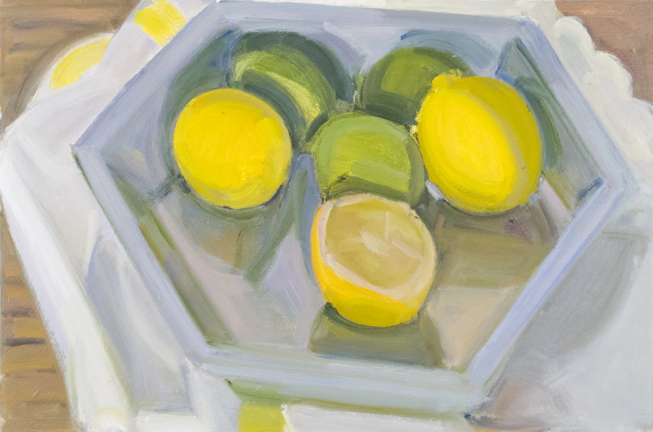 Lemons and Limes in Pie Pan, oil on panel, 8” x 12”