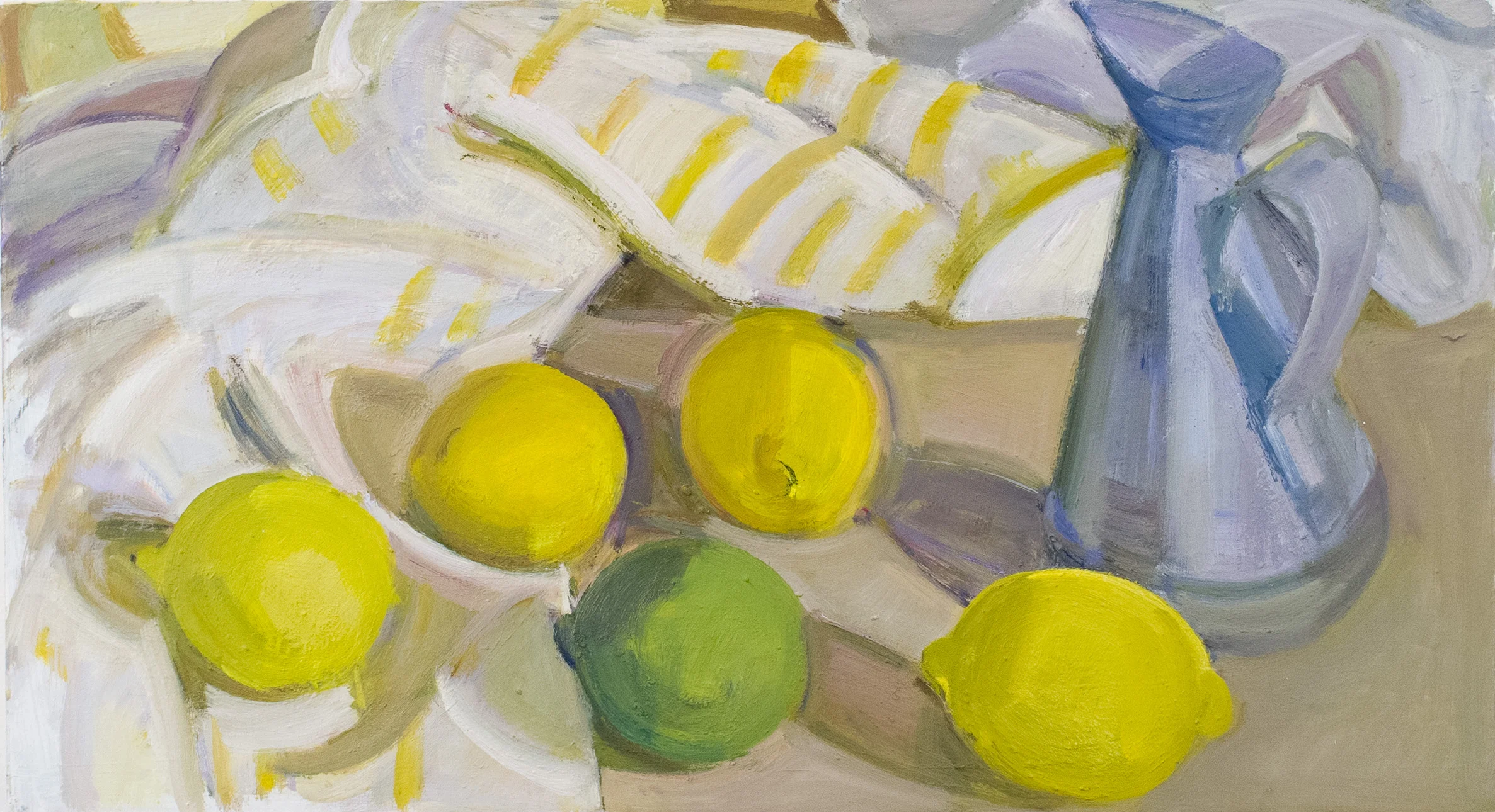 Lemons, Lime, Oil Can and Striped Cloth, oil on panel, 10” x 18”