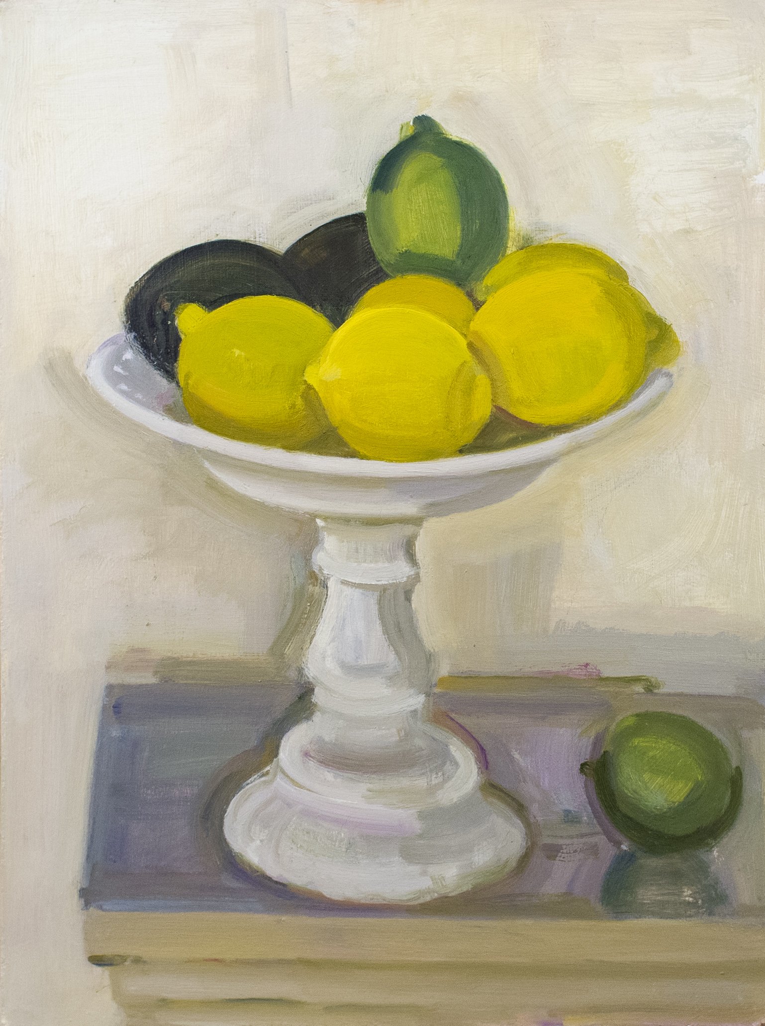   Lemons, Lime, and Avocado on Milk Glass Cake Stand , 2017, oil/panel, 16 x 12 in.  (Not for sale)  