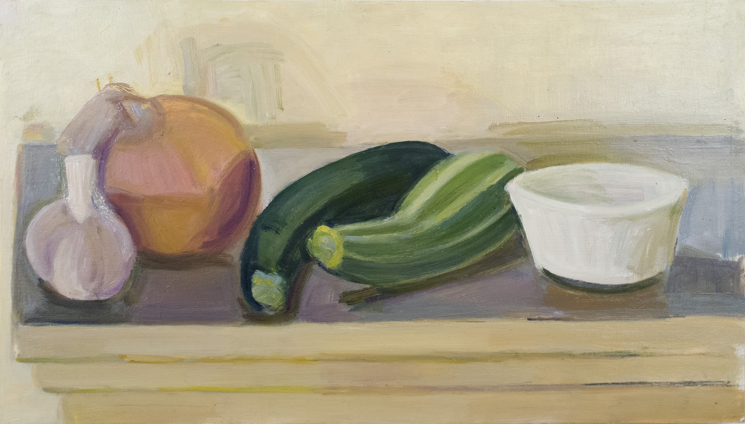   Garlic, Onion, Zucchini and Tiger Squash with Ramekin , 2018, oil/panel, 9 x 16 in. (Not for sale) 