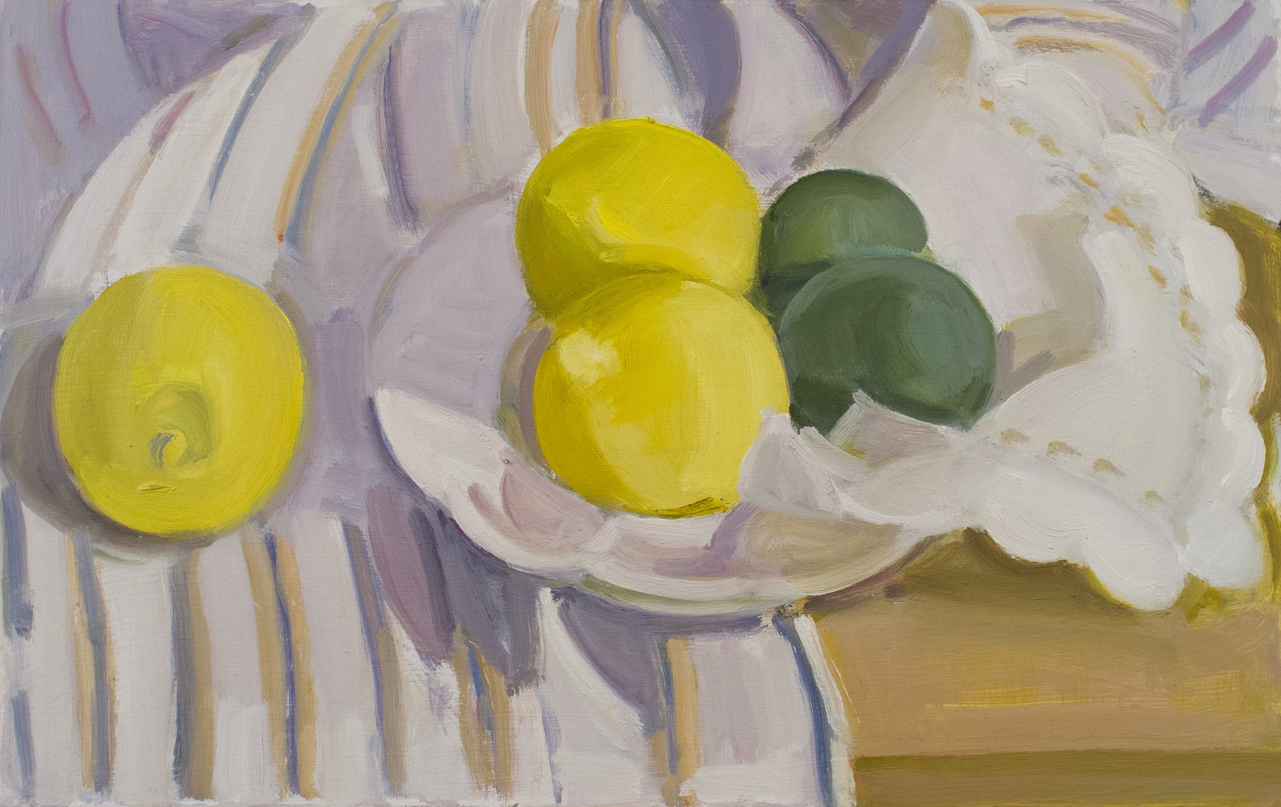   Lemons and Limes with Scalloped Napkin and Striped Cloth , 2019, oil/panel, 8 x 13 in. (Private collection) 