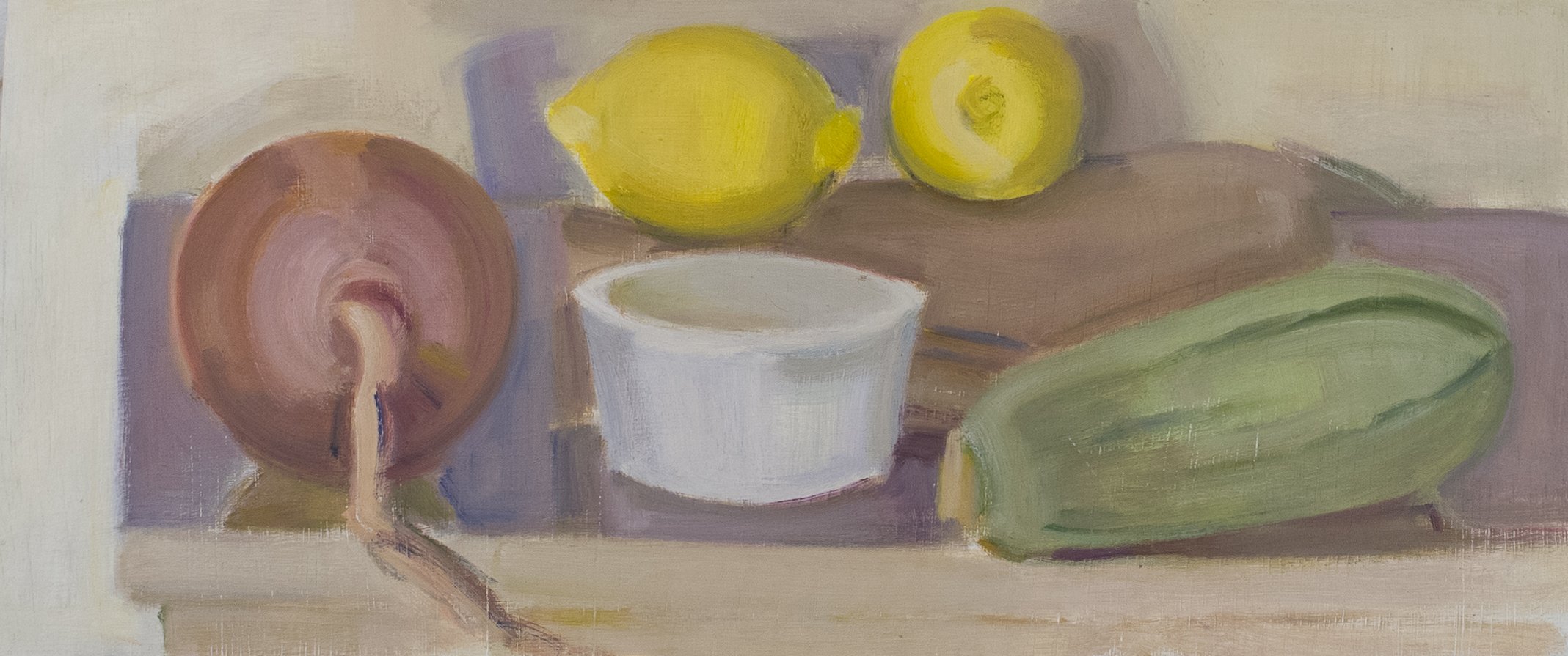   Onion, Ramekin, Lemon, Squash , 2020, oil/panel, 7 x 16 in.  (Private collection)  