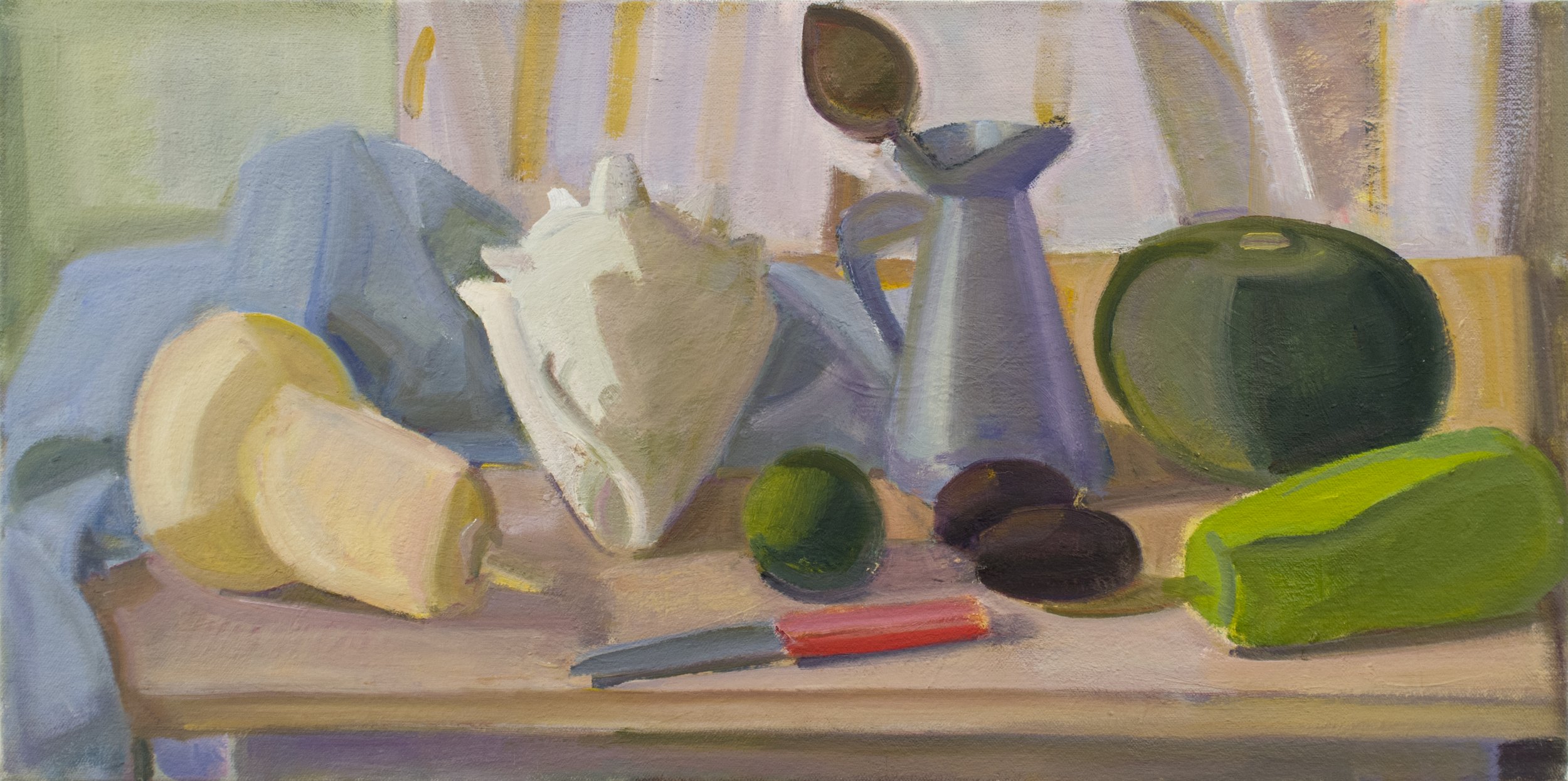   Shell, Cabocha, Butternut and Bottle Gourd , c. 2013, oil/canvas, 12 x 24 in. (Collection of Wright State University) 