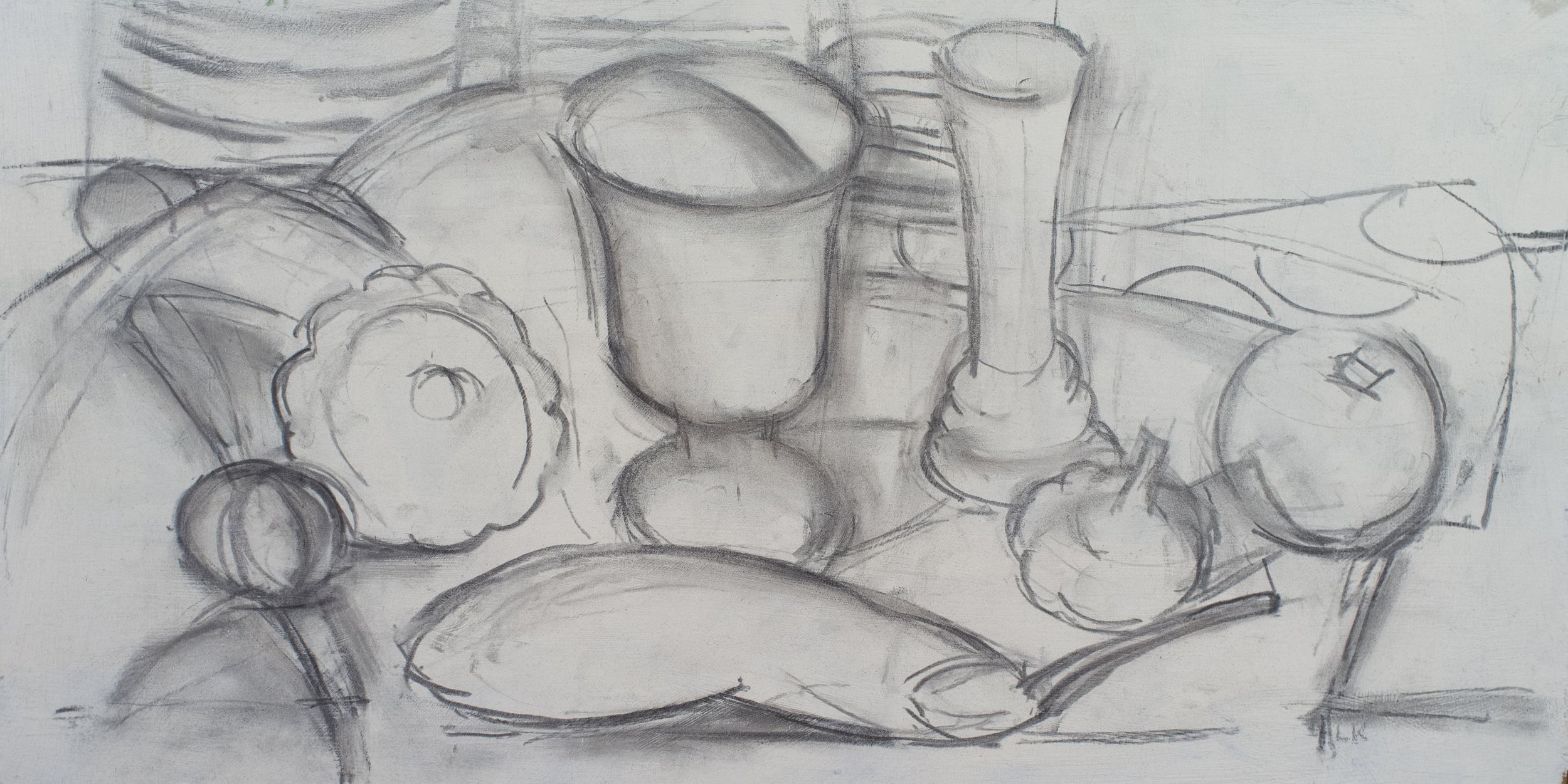   Gray Cloth, Milk Glass, Vases, Pattypan and Tomato , undated, charcoal/panel (framed), 10 x 20 in., $400 
