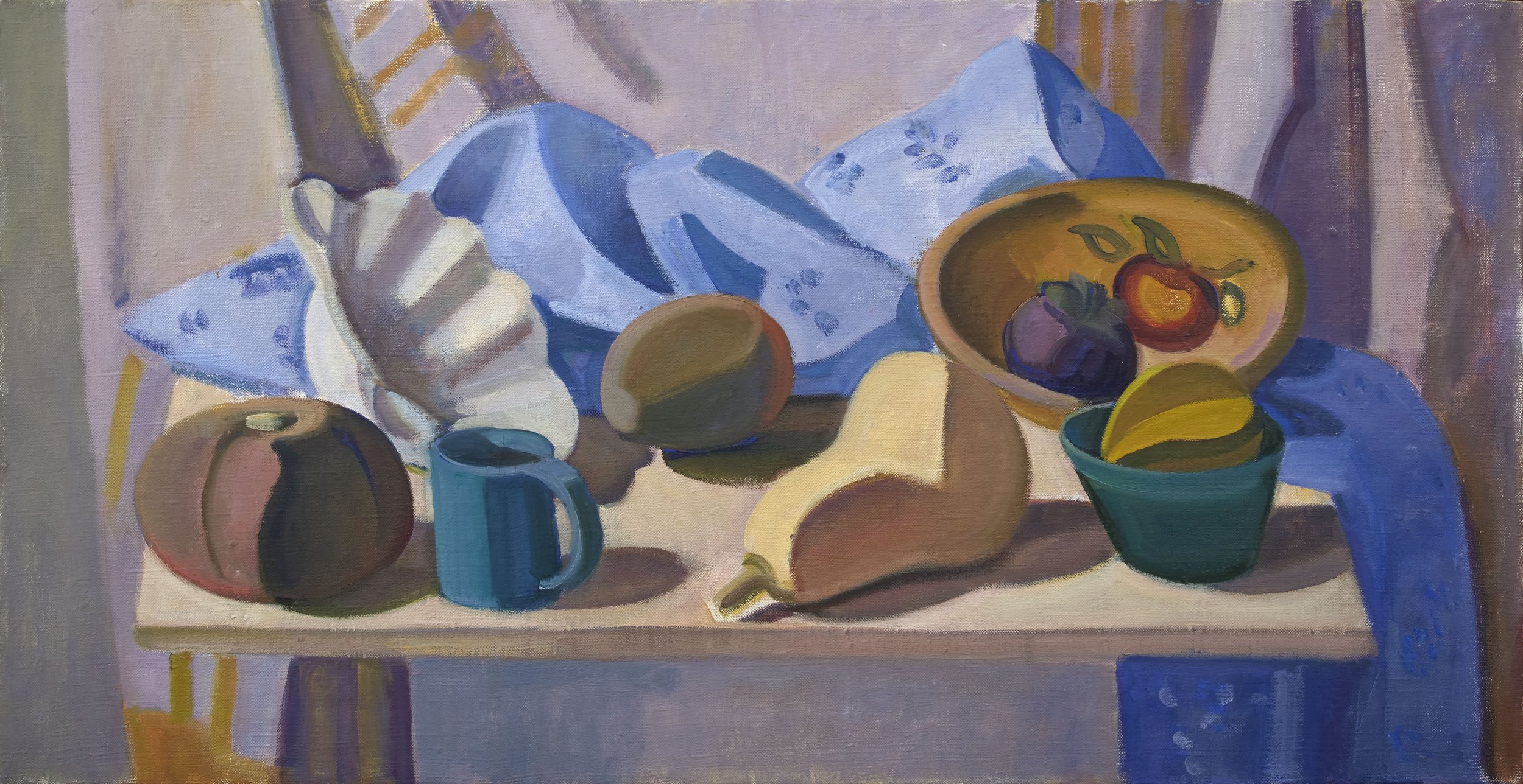   Butternut and Winter Squash, Blue Cloth , c. 2000, oil/canvas, 17 x 33 in. (Private collection) 