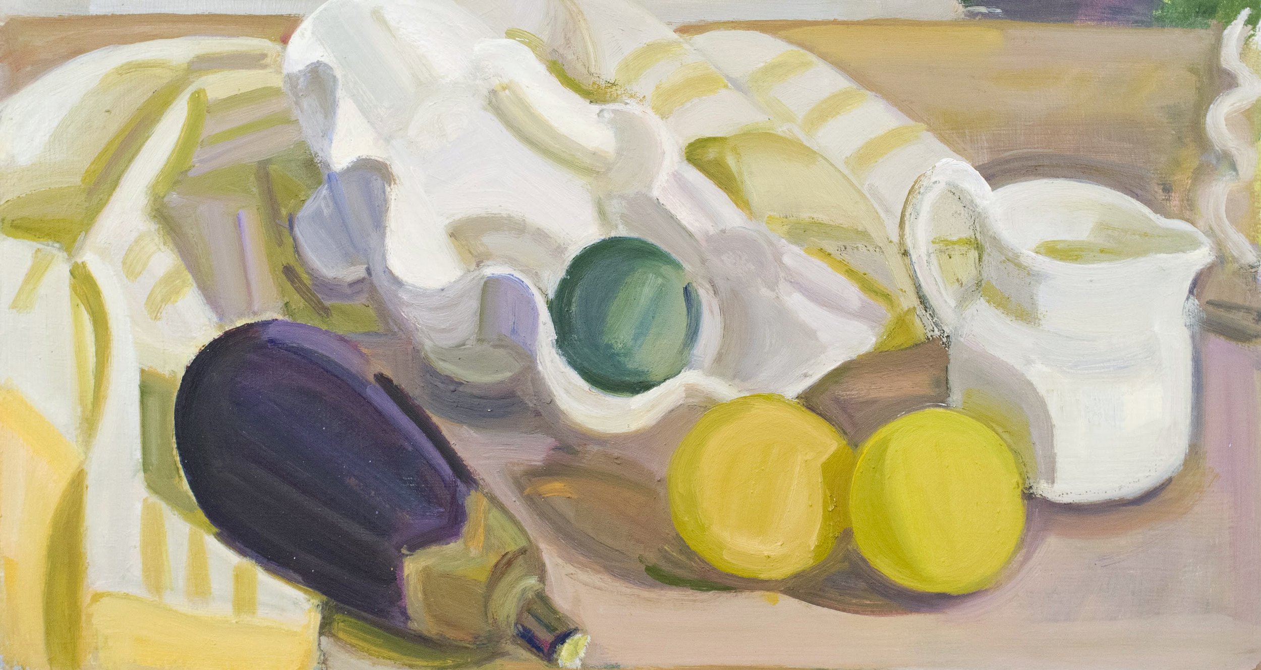   Eggplant, Shell, Lime and Lemons with Small Creamer , 2018, oil/panel, 10 x 18 in. (Private collection) 