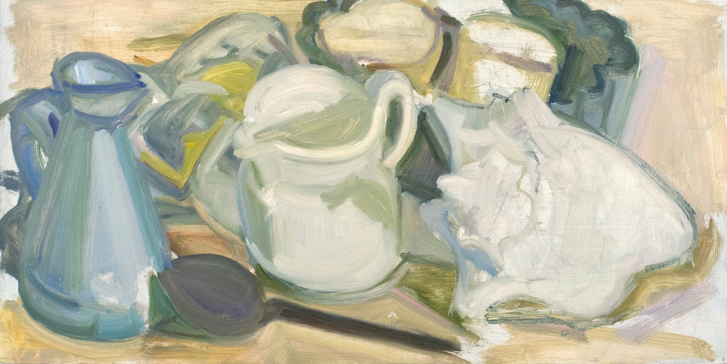   Indian Measuring Can, Creamer, Shell , 2019, oil/panel, 8 x 16 in. (Private collection) 