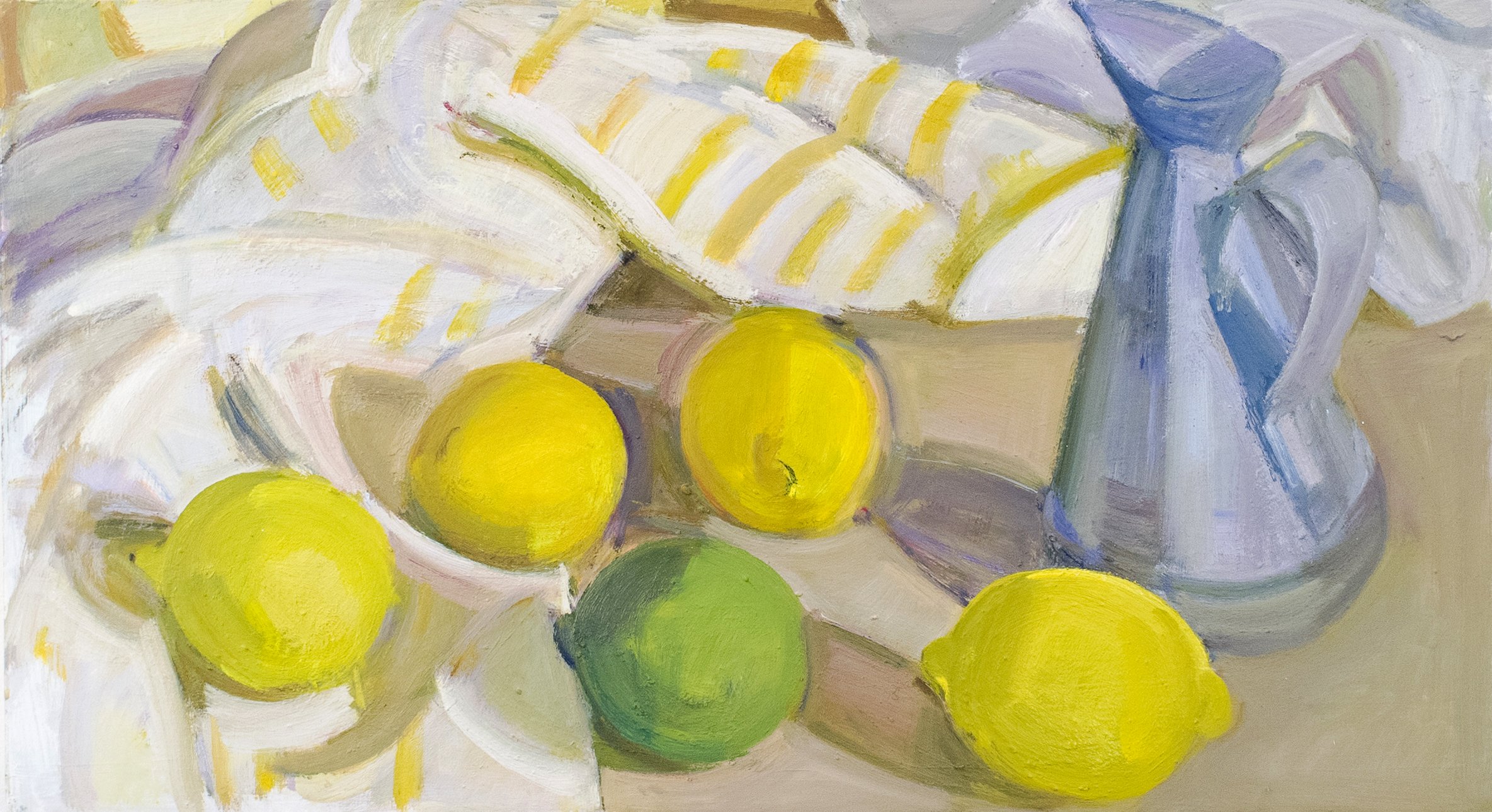   Lemons, Lime, Oil Can and Striped Cloth , 2017, oil/panel, 10x 18 in.  (Private collection)  